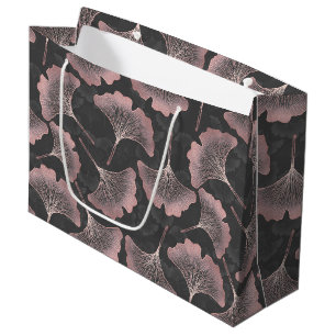 Elegant Pink Ginkgo Leaves on Black Background Large Gift Bag
