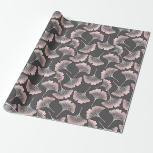 Elegant Pink Ginkgo Leaves on Black Background Wrapping Paper