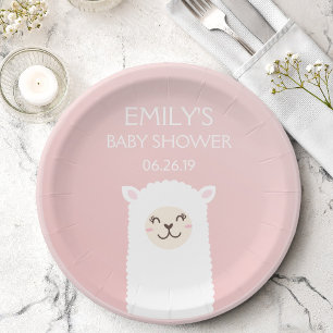 Elegant Pink Girl Baby Shower Cute Kawaii Llama Paper Plate