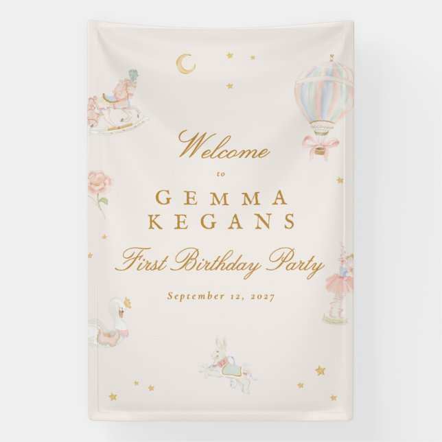 elegant pink girl fairytale birthday party welcome banner (Vertical)