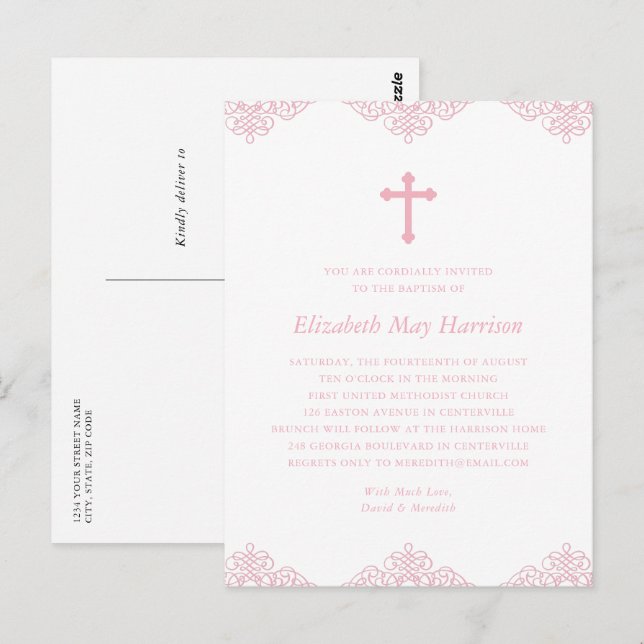 Elegant Pink Girls Baptism or Communion Invitation Postcard (Front/Back)