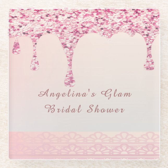 Elegant Pink Glam Glitter Drip Bridal Shower Glass Coaster (Front)