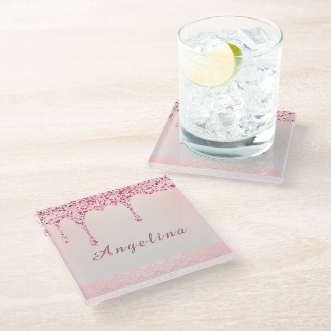 Elegant Pink Glam Glitter Drip Coaster (Angled)