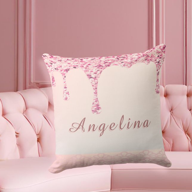 Elegant Pink Glam Glitter Drip  Cushion (Customize this glam pink pillow for bridesmaids—perfect for bridal shower gifts and lounge decor.)
