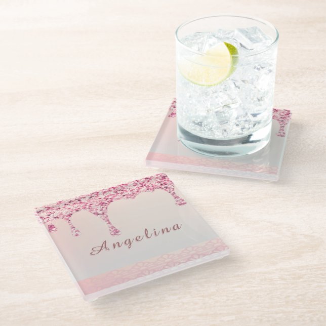 Elegant Pink Glam Glitter Drip  Glass Coaster (Angled)