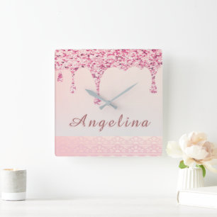 Elegant Pink Glam Glitter Drip Lace Bridal Shower Square Wall Clock