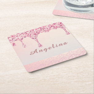 Elegant Pink Glam Glitter Drip Square Paper Coaster