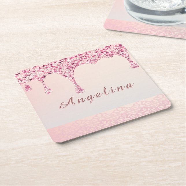 Elegant Pink Glam Glitter Drip  Square Paper Coaster (Angled)