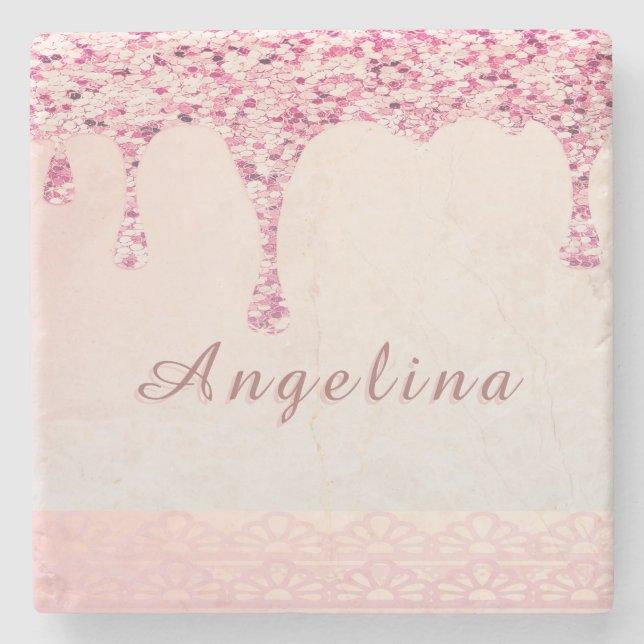 Elegant Pink Glam Glitter Drip  Stone Coaster (Front)