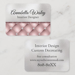 Elegant Pink Glitter and Diamonds on Silver Foil Business Card