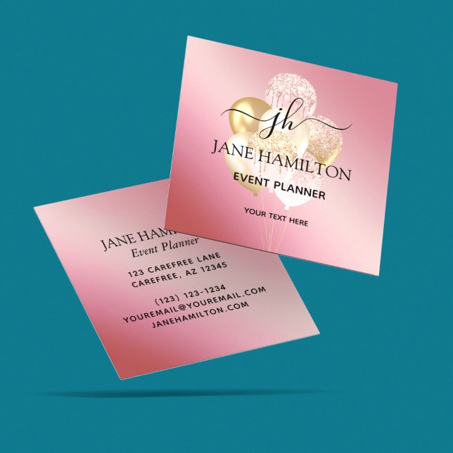 Elegant Pink Glitter Balloons Square Business Card (Creator Uploaded)
