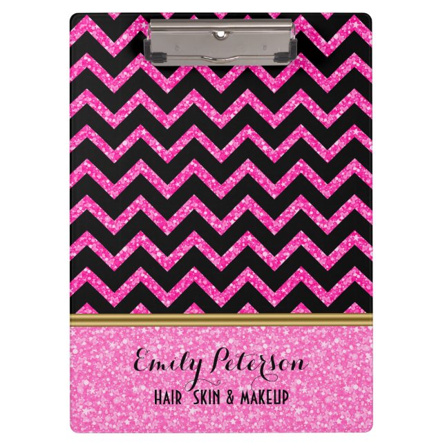 Elegant Pink Glitter Black Chevron Gold Accents Cl Clipboard (Front)