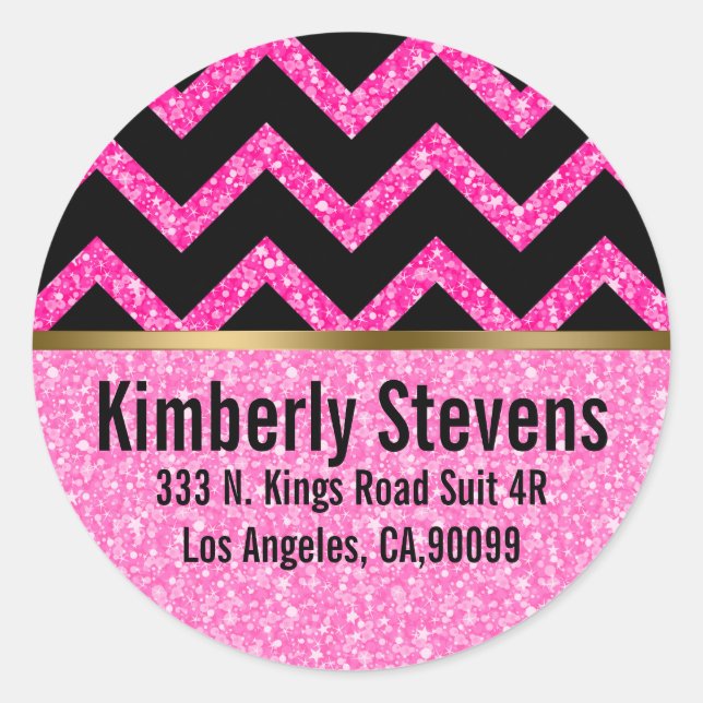 Elegant  Pink Glitter Black Chevron Gold Accents Classic Round Sticker (Front)