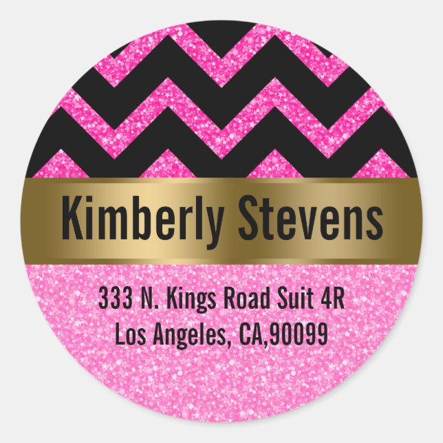 Elegant Pink Glitter Black Chevron Gold Accents Classic Round Sticker (Front)
