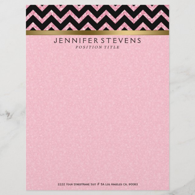 Elegant Pink Glitter Black Chevron Gold Accents Customised Letterhead (Front)