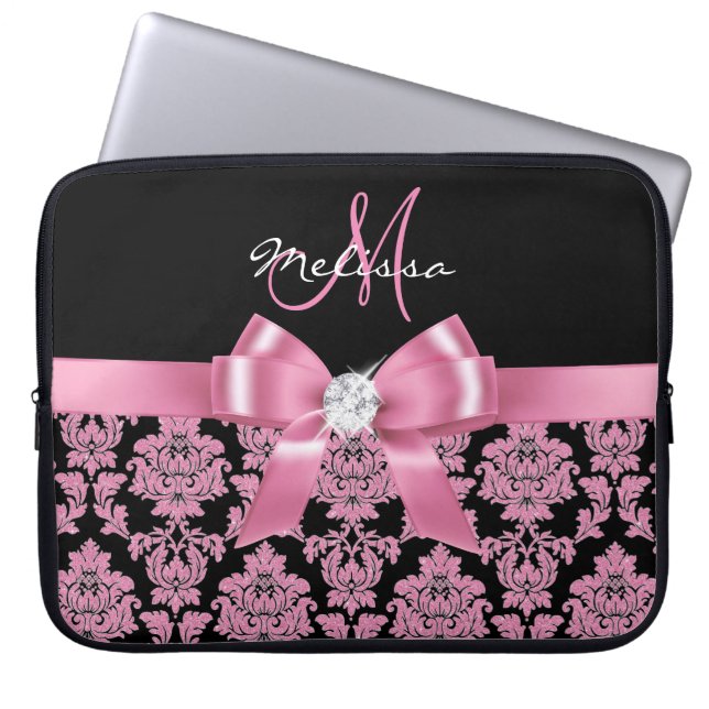 Elegant, Pink glitter Black Damask, Bow, Monogram Laptop Sleeve (Front)