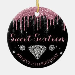 Elegant Pink Glitter Drip Sweet Sixteen Ceramic Ornament