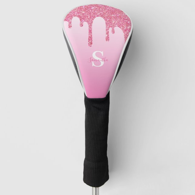 Elegant Pink Glitter Drips Monogram Name  Golf Head Cover (Front)