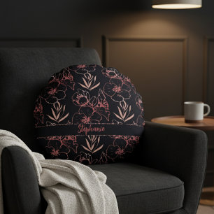 Elegant Pink Glitter Flowers And Leaves Monogram Round Cushion