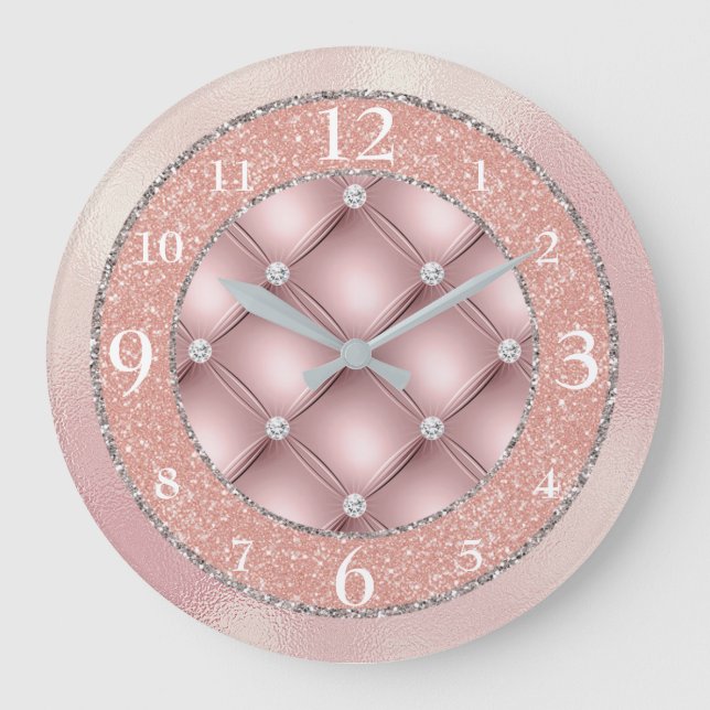 Elegant Pink Glitter Foil and Diamonds Large Clock (Front)