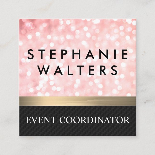 Elegant Pink Glitter | Gold Bar | Black Mesh Square Business Card (Front)
