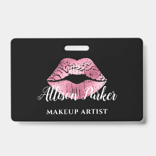 Elegant Pink Glitter Kiss Makeup Artist ID Badge