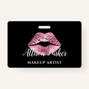 Elegant Pink Glitter Kiss Makeup Artist  ID Badge