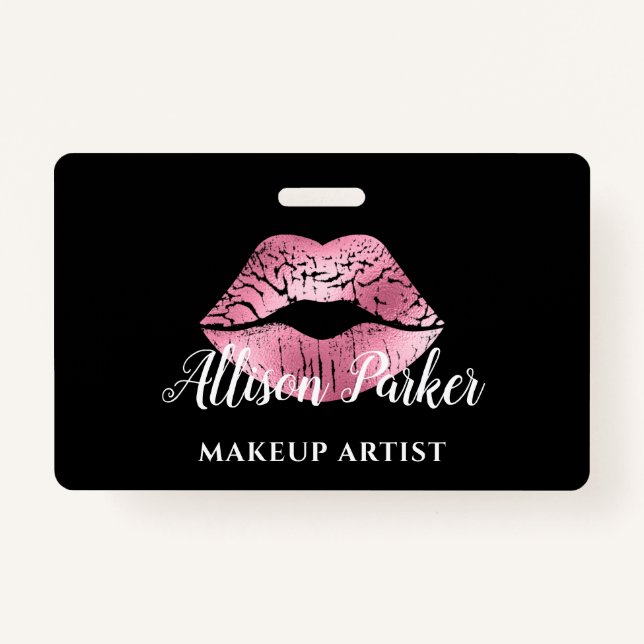 Elegant Pink Glitter Kiss Makeup Artist  ID Badge (Front)