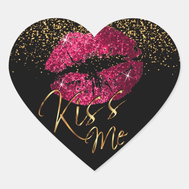 Elegant Pink Glitter Kiss Me Lips Heart Sticker (Front)
