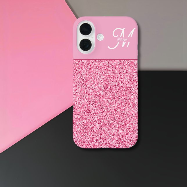 Elegant Pink Glitter Monogram with Name Script Case-Mate iPhone Case (Creator Uploaded)