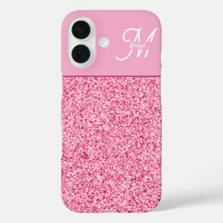 Elegant Pink Glitter Monogram with Name Script iPhone 16 Case