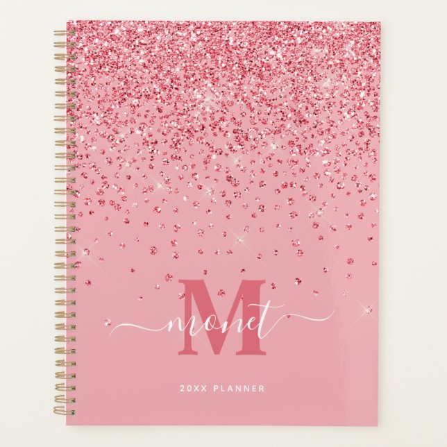 Elegant Pink Glitter Monogrammed Name Planner (Front)