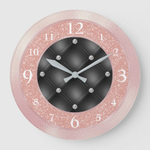Elegant Pink Glitter on Black with Diamonds Large Clock