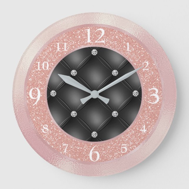 Elegant Pink Glitter on Black with Diamonds Large Clock (Front)