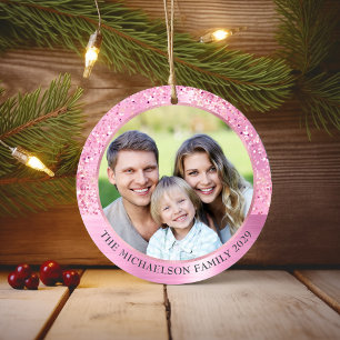 Elegant Pink Glitter Photo Metallic Christmas Ceramic Ornament