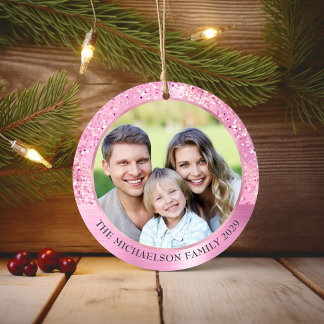 Elegant Pink Glitter Photo Metallic Christmas Ceramic Ornament