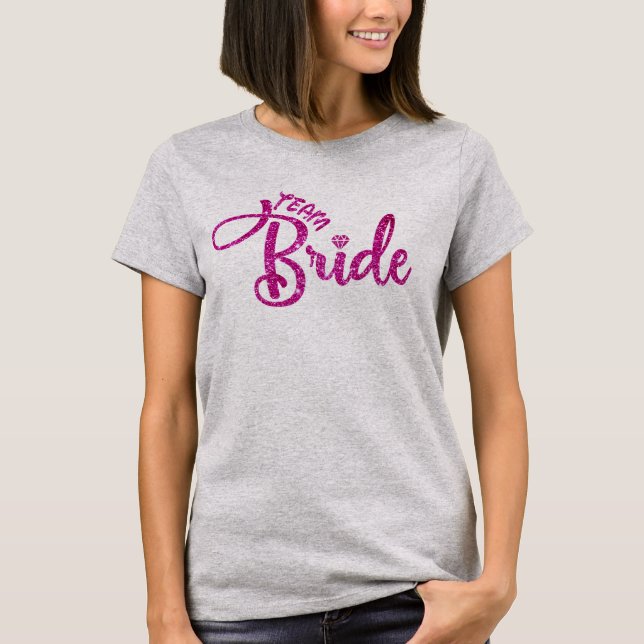 Elegant Pink Glitter Team Bride, Chic Bridesmaid T-Shirt (Front)