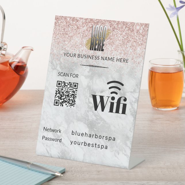 Elegant Pink Glitter  Wifi  QR Code Logo  Pedestal Sign (In SItu)