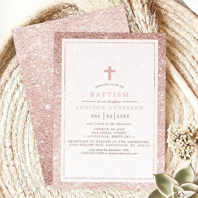 Elegant Pink Glitter With Cross Baptism Invitation (Creator Uploaded)