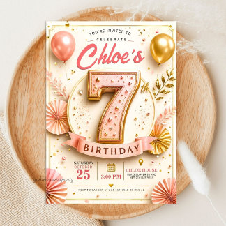 Elegant Pink Gold 7th Birthday Party Invitation
