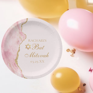 Elegant Pink Gold Agate Bat Mitzvah Party Paper Plate