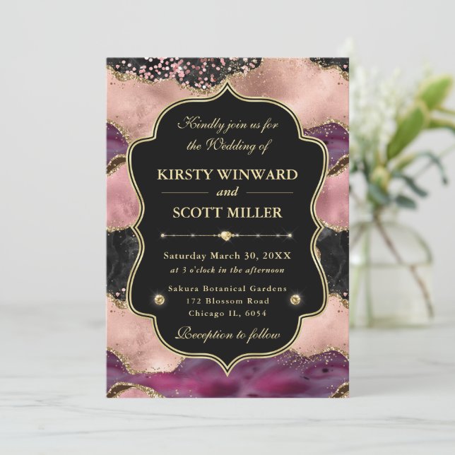 Elegant Pink Gold Agate Marble Glitter Wedding Invitation (Standing Front)