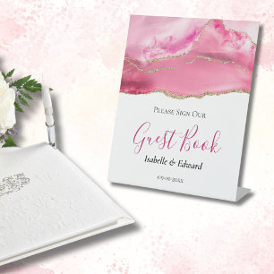 Elegant Pink & Gold Agate Stone Wedding  Pedestal Sign