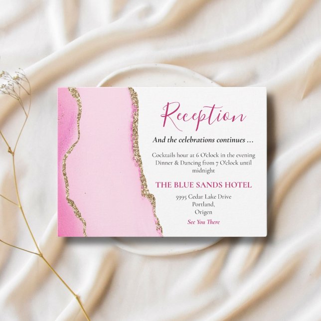 Elegant Pink & Gold Agate Stone Wedding Reception Enclosure Card (Creator Uploaded)