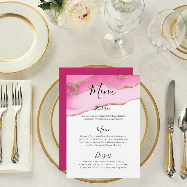 Elegant Pink & Gold Agate Stone Wedding Reception Menu (Creator Uploaded)