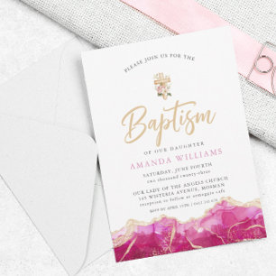 Elegant Pink Gold Agate with Cross Baptism Invitation