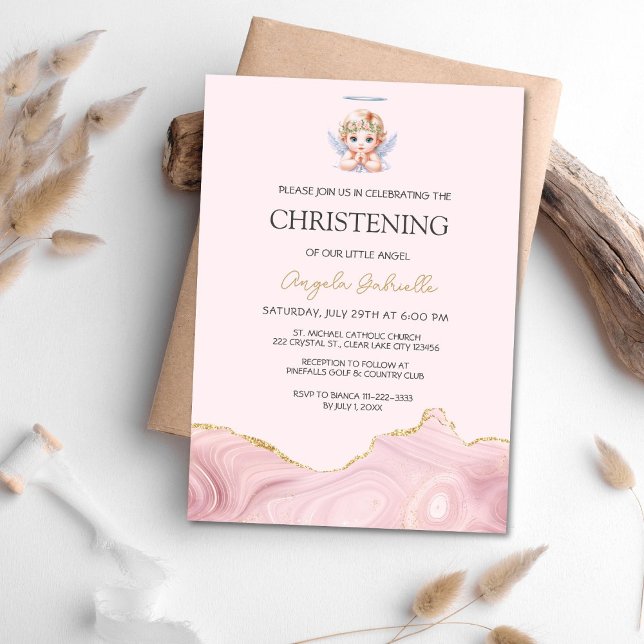 Elegant Pink & Gold Angel Baptism & Christening In Invitation (Creator Uploaded)