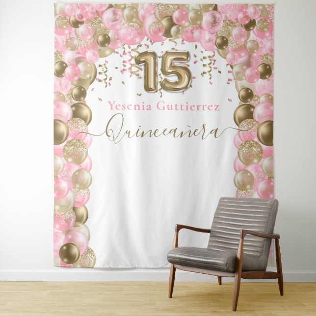 Elegant Pink Gold Balloon Arch Quinceanera Tapestry (In Situ)