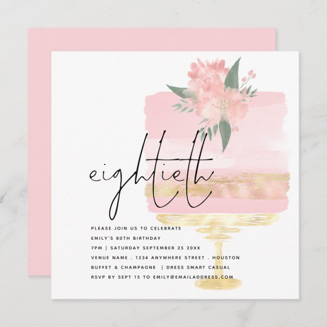 Elegant Pink Gold Birthday Cake 80th Party Invitation (Front/Back)