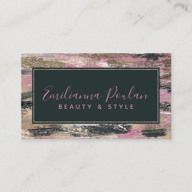 Elegant Pink Gold Black Brushstrokes Business Card (Front)